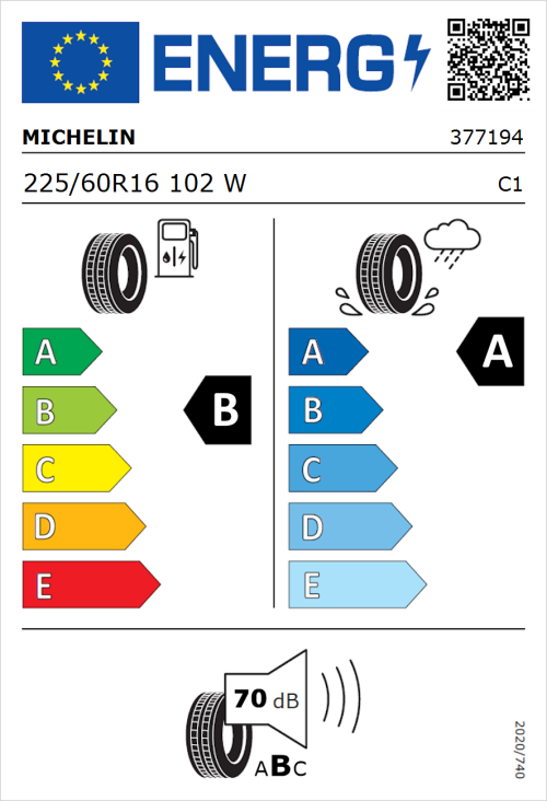 Tyre Label for Michelin Primacy 4+ 225/60R16 102W